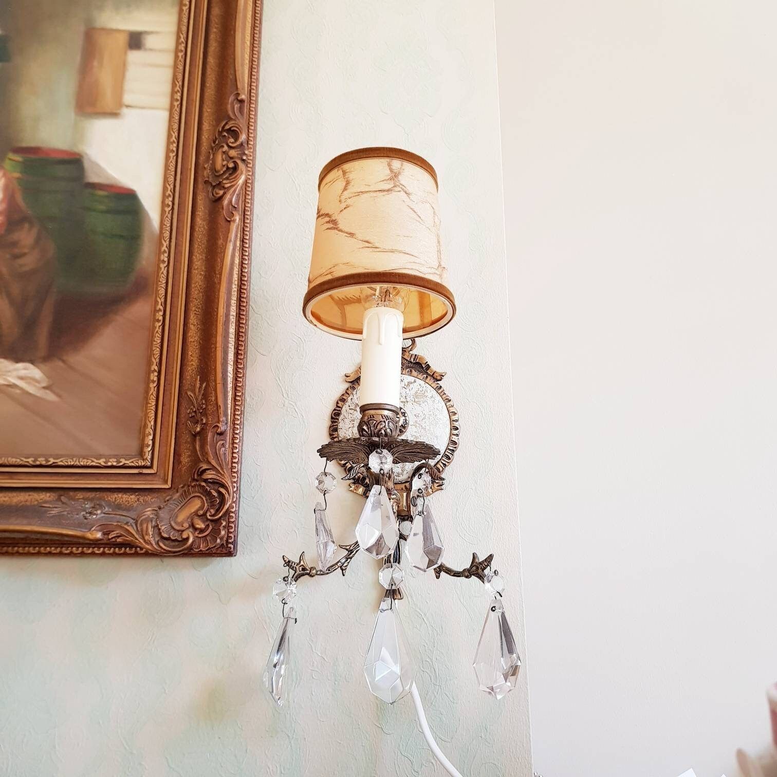 Vintage Pair Of Wall Sconces, Crystal Drops, Porcelain Medallion Lamps, Wall Light, Home Decor, Bronze Ribbons photo furniture