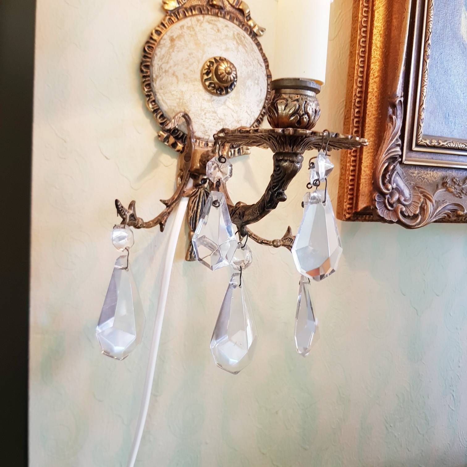 Vintage Pair Of Wall Sconces, Crystal Drops, Porcelain Medallion Lamps, Wall Light, Home Decor, Bronze Ribbons photo buy