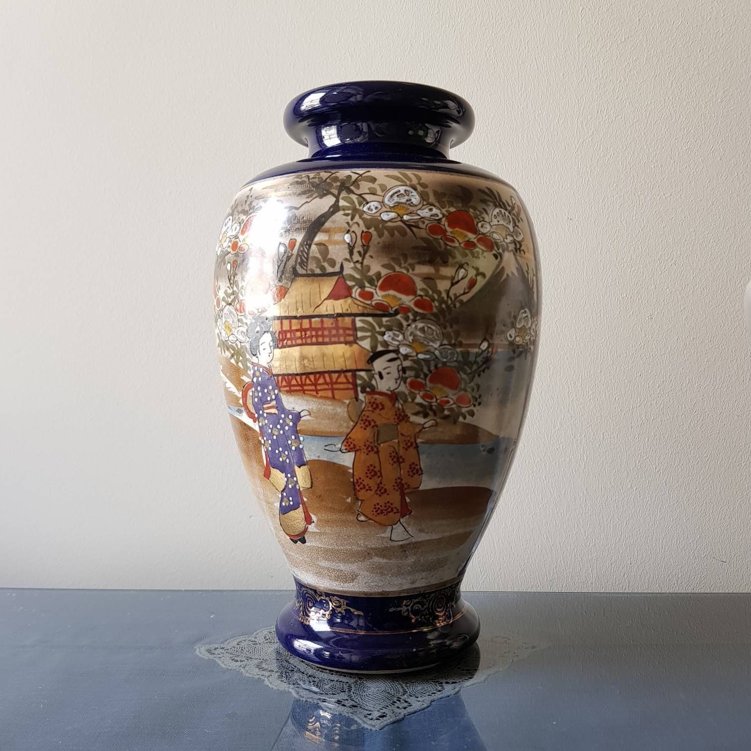 Antieke Vaas, Japanse Vaas, Kobaltblauw En Goudkleurig, Satsuma Stijl Vaas, Interieurontwerp, Woondecoratie