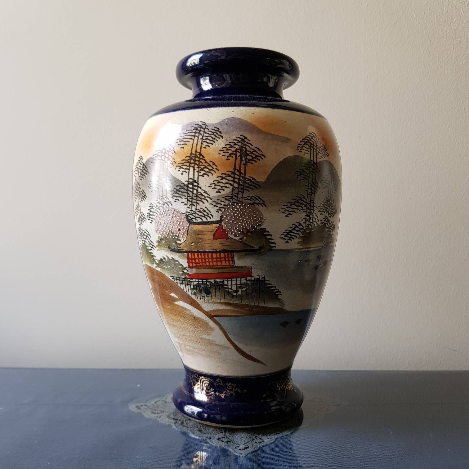 Antique Vase, Japanese Vase, Cobalt Blue And Gold Tone, Satsuma Style Vase, Interior Design, Home Decor photo furniture