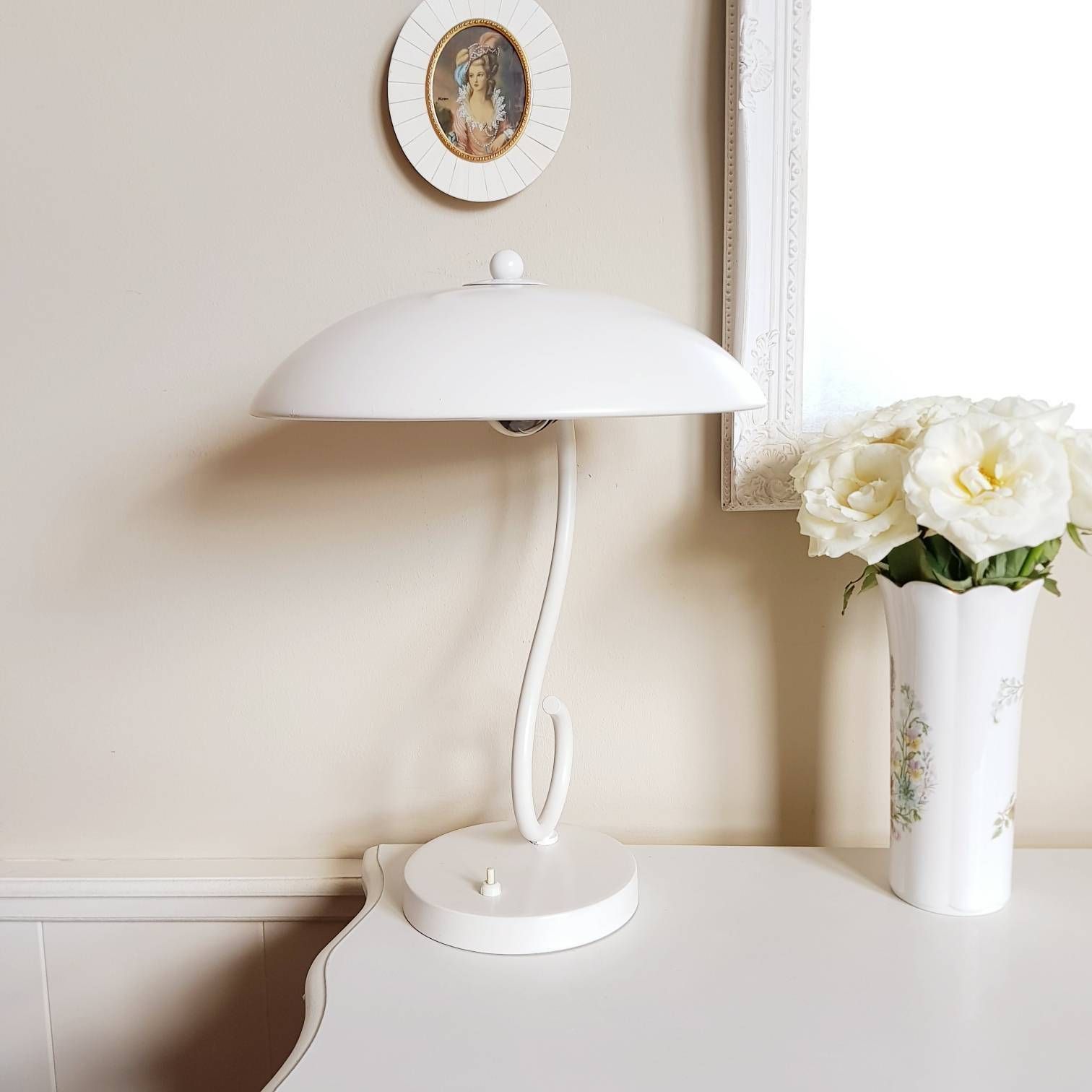 Industrial White Table Lamp With Mushroom Lampshade, Desk Lamp From Sixties Seventies photo furniture