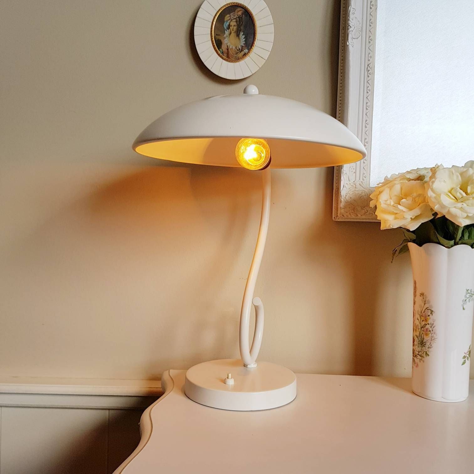 Industrial White Table Lamp With Mushroom Lampshade, Desk Lamp From Sixties Seventies photo Lighting