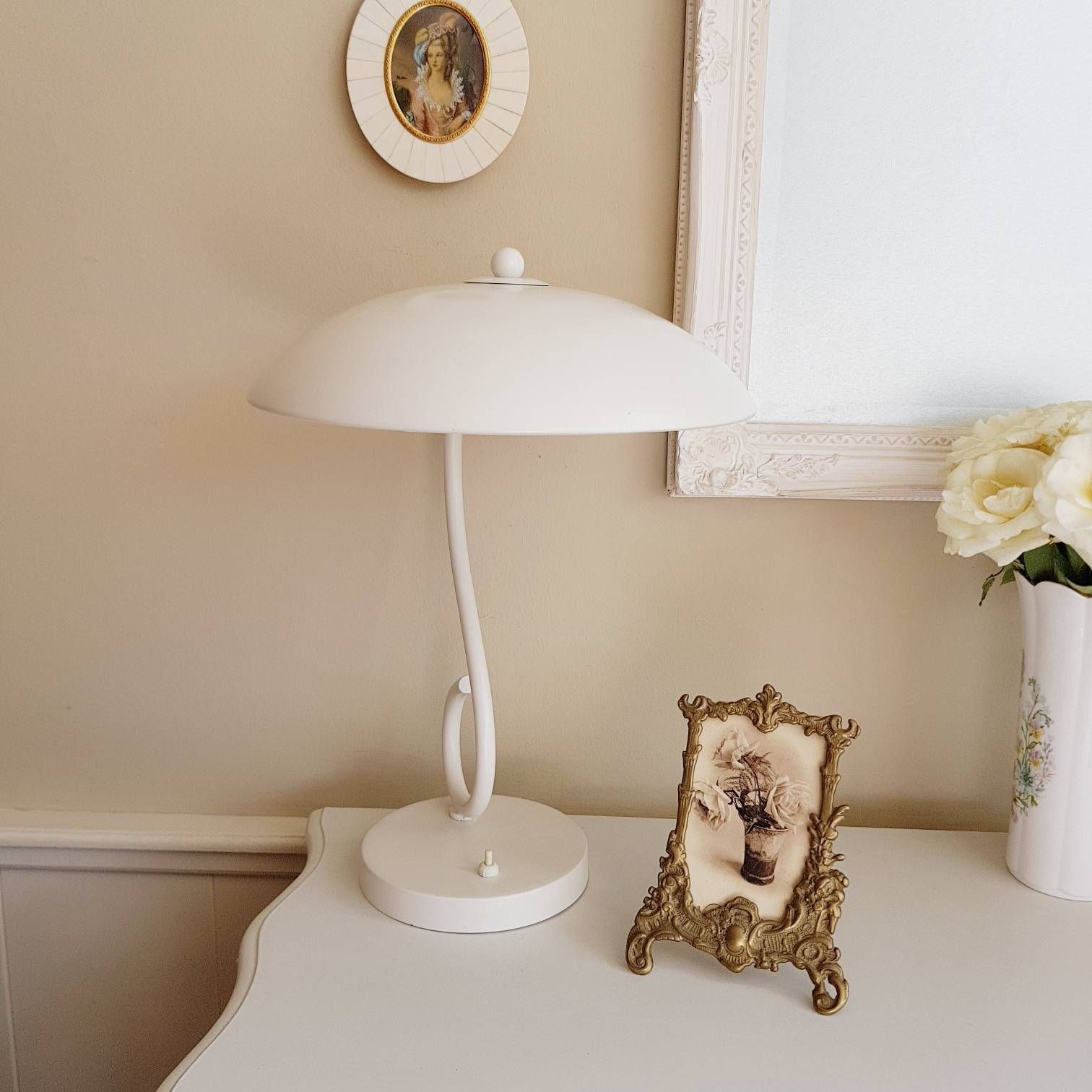 Industrial White Table Lamp With Mushroom Lampshade, Desk Lamp From Sixties Seventies photo 324.0