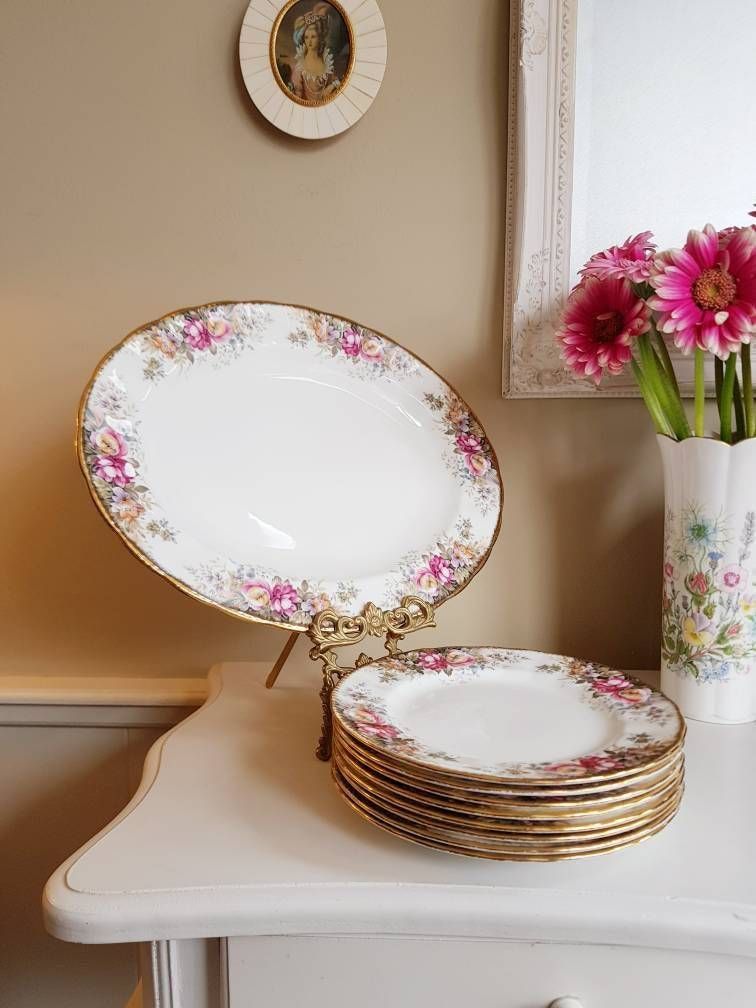 Vintage Queen Anne Summer Rose, Porseleinen Set, Tafelset, Verguld, Tafelgerei, Mooi Cadeau photo Woonaccessoires