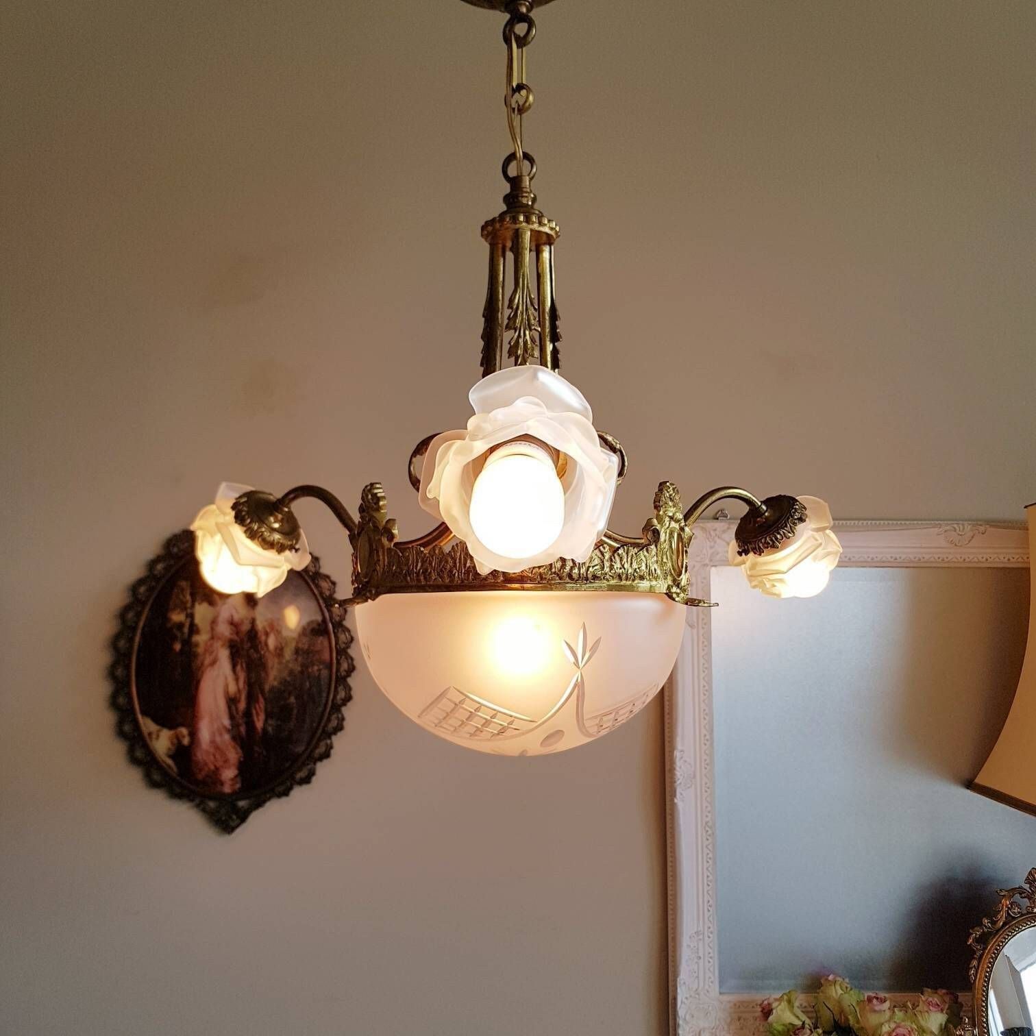 Antique French Chandelier, Stunning Pendant Lamp, 4 Bulbs Light, Vintage Pendant Light, Chandelier Lighting, Hanging Chandelier