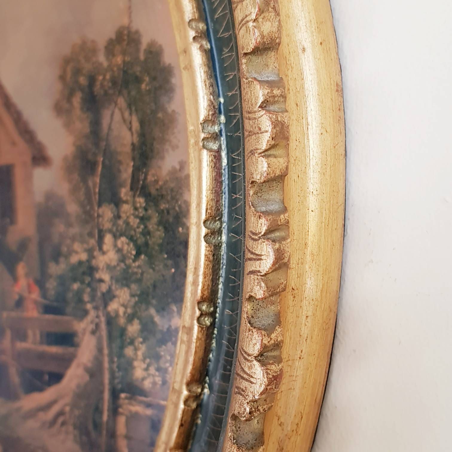 Italiaans Groot Ovaal Schilderij, Kunstdruk Op Messing, Romantisch Tafereel, Landschap, Wanddecoratie, Interieur photo vintage