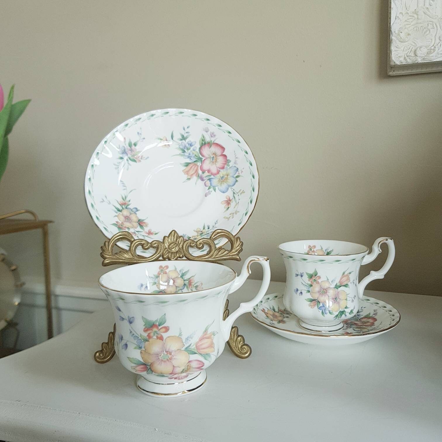 Rare!!! Vintage Royal Albert Constance Teacup And Saucer Sets Gift Set For 2