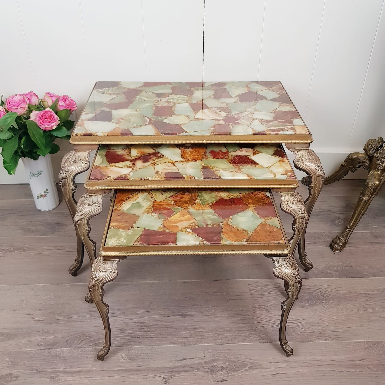 Vintage Set Van 3 Bijzettafels, Italiaans Design, Hollywood Regency Stijl, Woondecoratie, Woonmeubelen