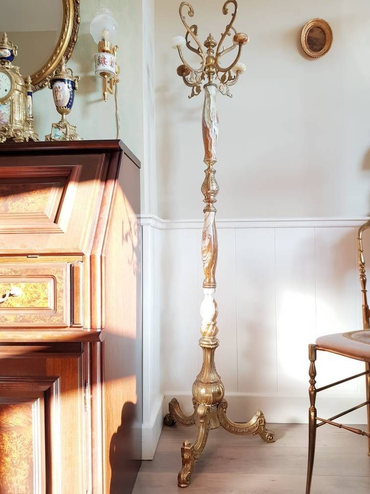 Superb Standing Coat Rack, Marble Coat Stand With 4 Brass Hooks, Italian Hallway Rack, Hollywood Regency Style, Play Video photo furniture