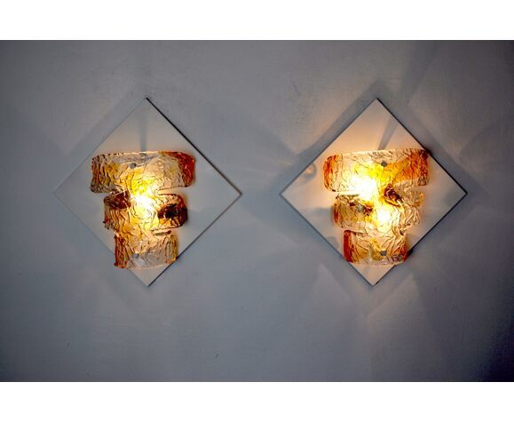 Pair Of Murano Mazzega Sconces Orange Murano Blown Glass Italy 1960 photo Lighting