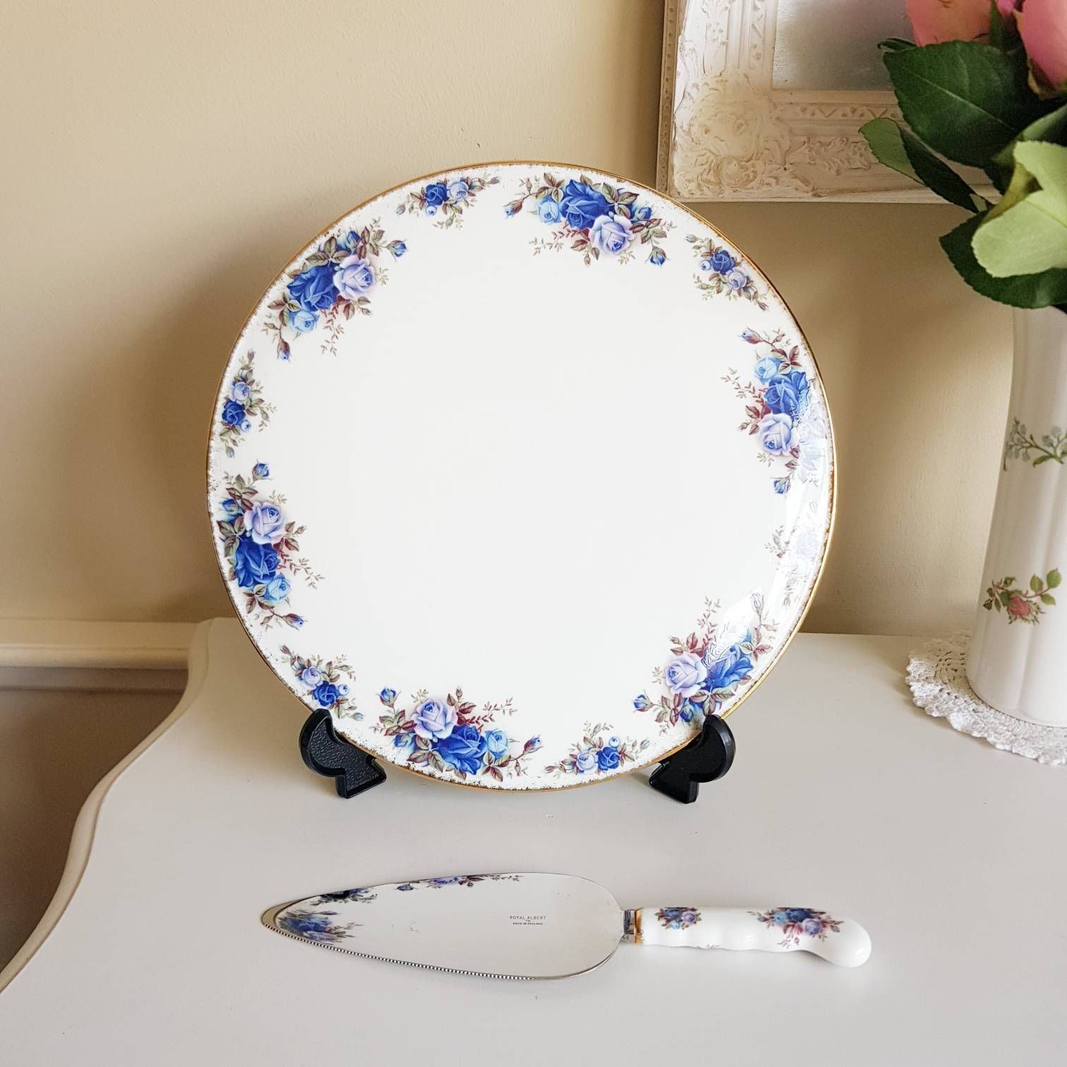 Rare! Royal Albert ‘Moonlight Rose’ Serving Cake Plate And Knife, Original English Porcelain, Vintage Crockery, Nice Christmas Gift photo Home Decor