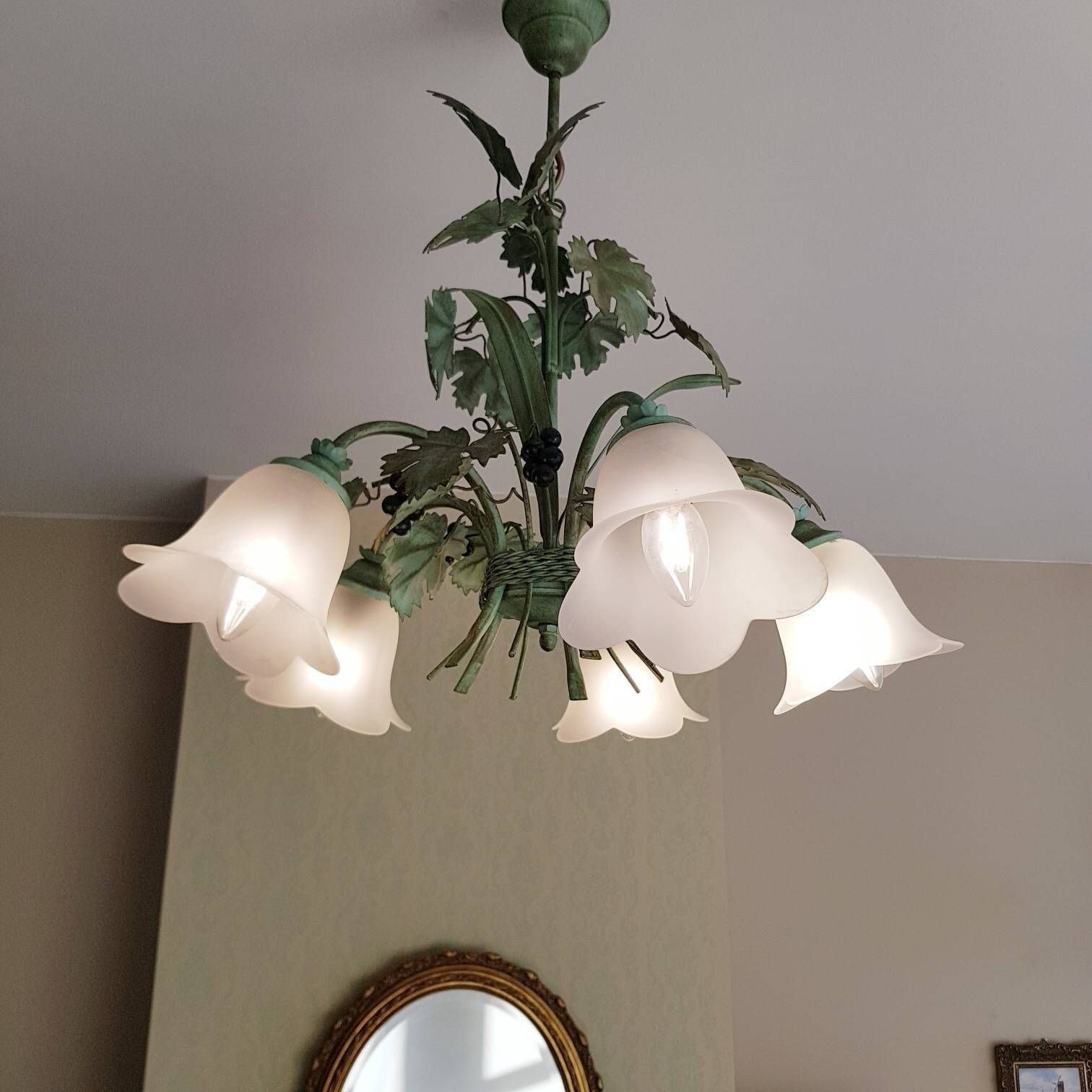 Tole Chandelier Hollywood Regency Style, Grapes Bucket Ceiling Lustre, Home Lighting, Made In Italy