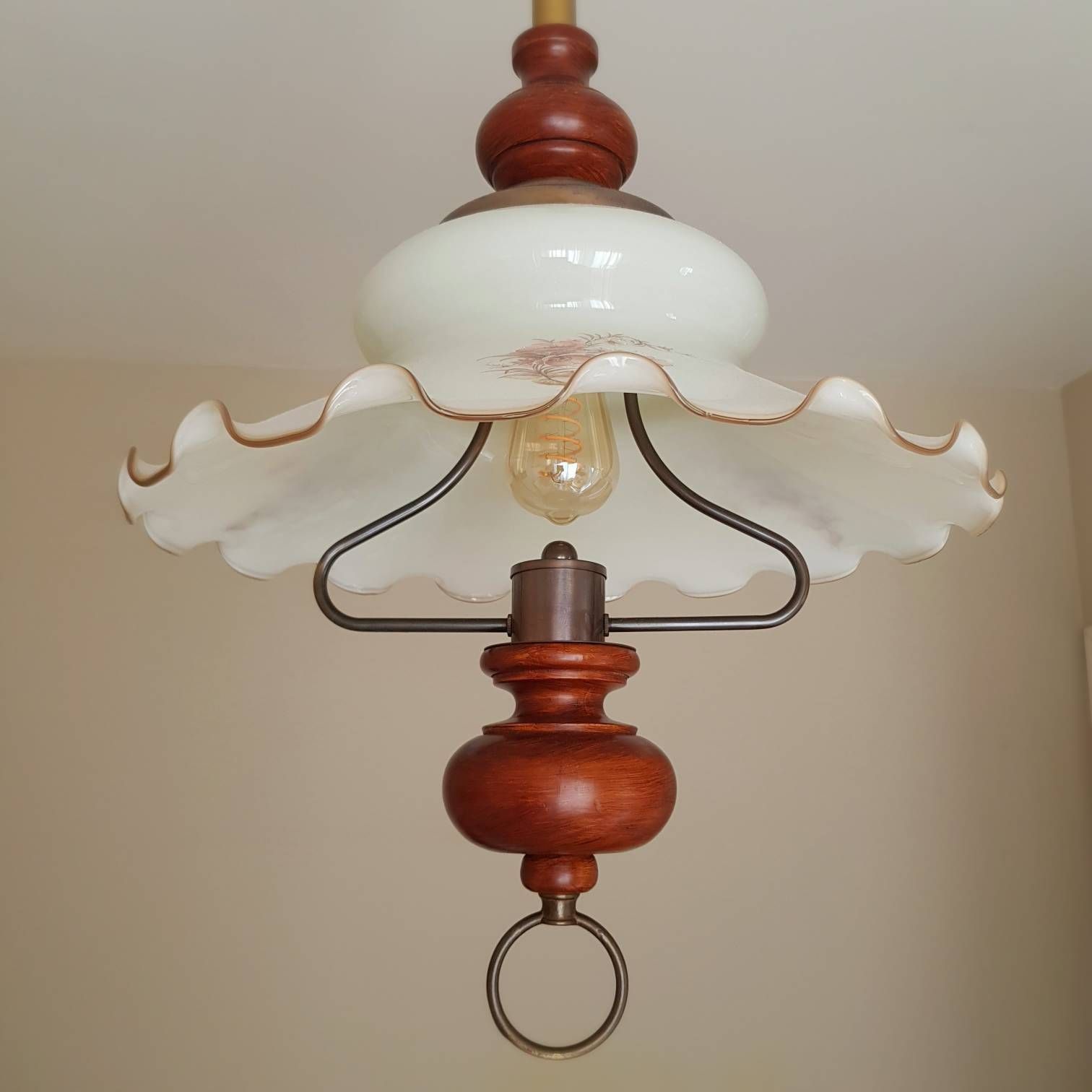 Special Pendant Light Lamp, Wood Handle, Opaline Glass, Pendant Light Pull Down Lamp, Hard To Find photo vinterior