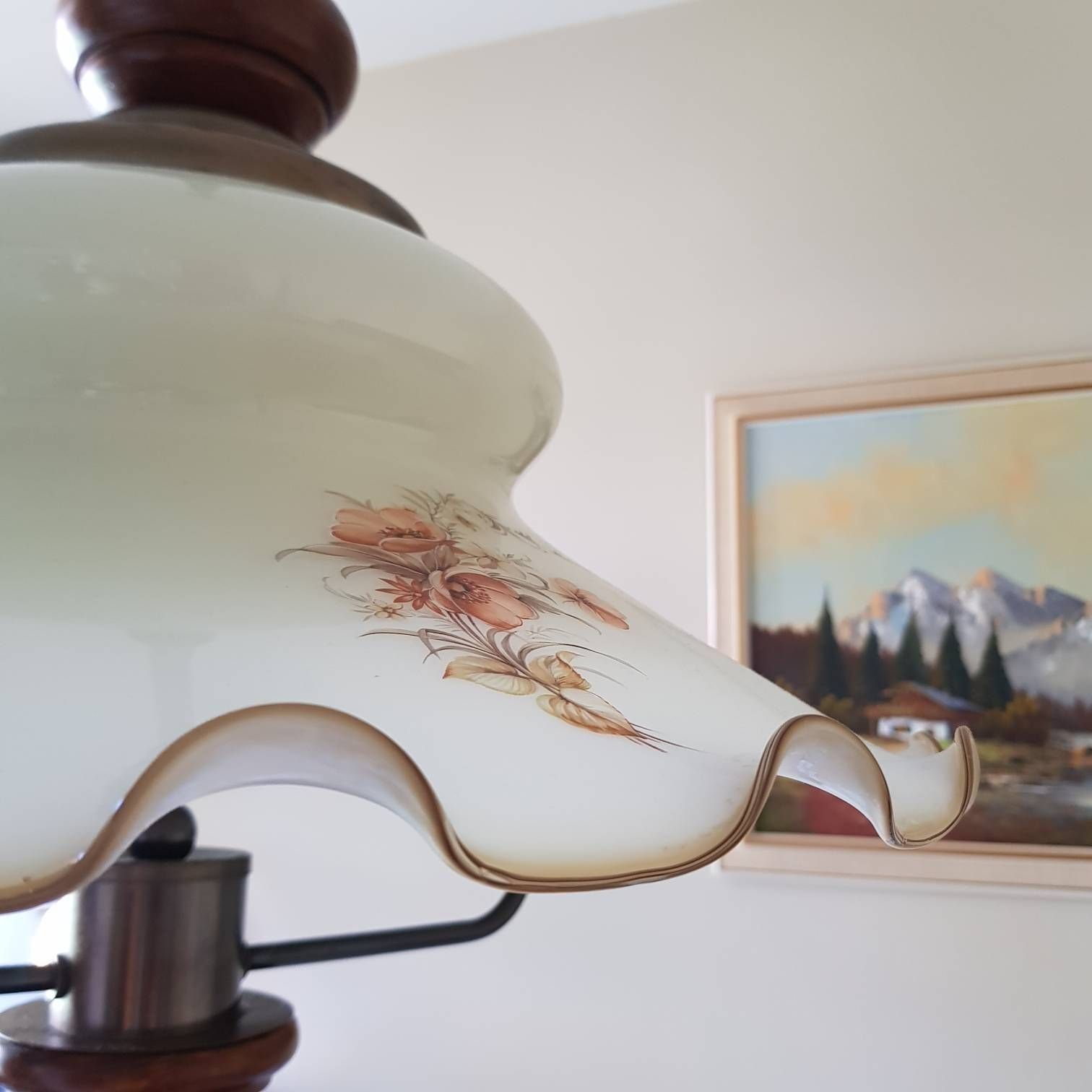 Bijzondere Hanglamp, Houten Handgreep, Opaline Glas, In Hoogte Verstelbaar – Zeldzaam photo vintage