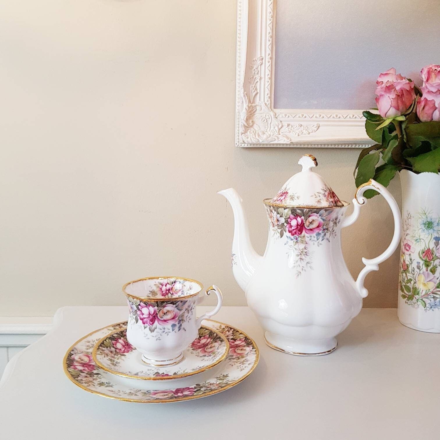 Queen Anne Summer Rose Coffeepot, Fine Bone China, Made In England, Gift Idea