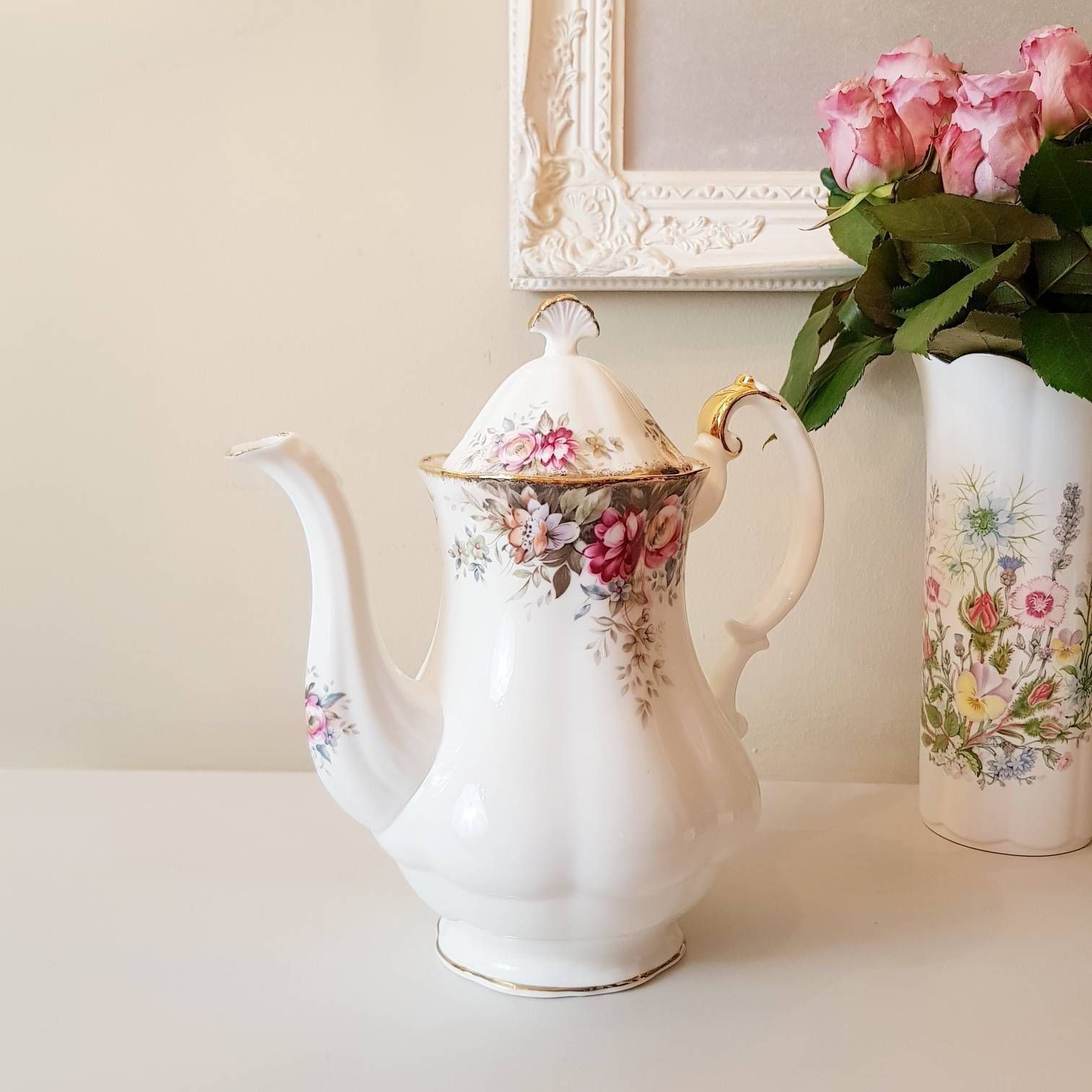 Queen Anne Summer Rose Coffeepot, Fine Bone China, Made In England, Gift Idea photo furniture