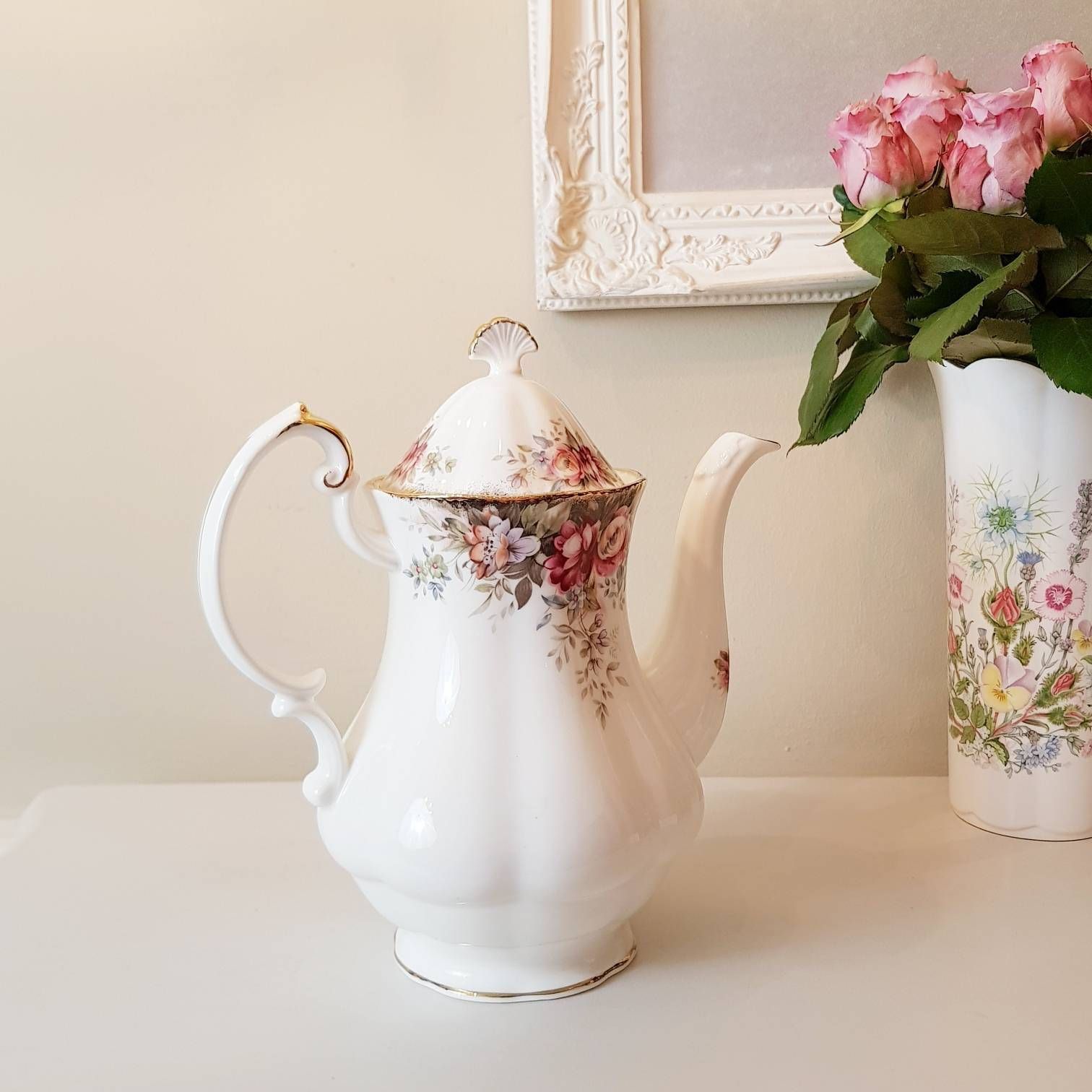 Queen Anne Summer Rose Coffeepot, Fine Bone China, Made In England, Gift Idea photo 440.0