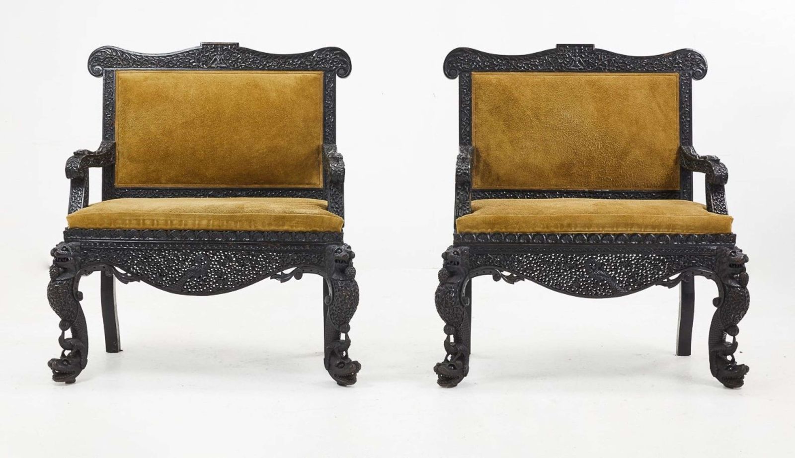 Extraordinary C19th Pair Of Indian Carved Hardwood Chairs / Hall Seats photo for sale