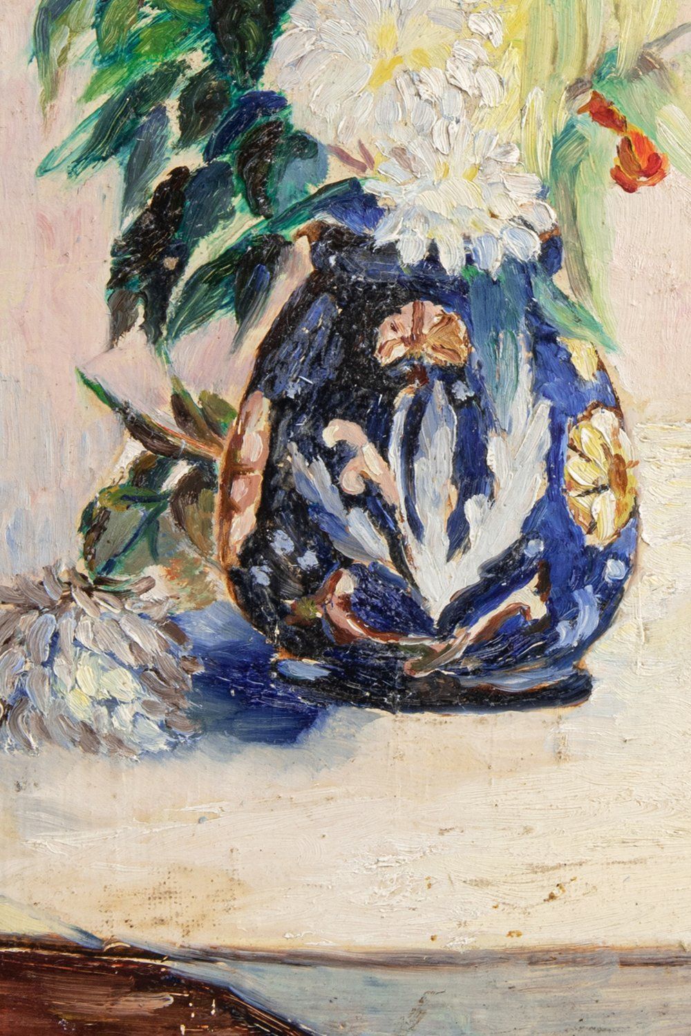 French School, Dahlias In Blue Vase, Oil On Panel, Midcentury photo Art