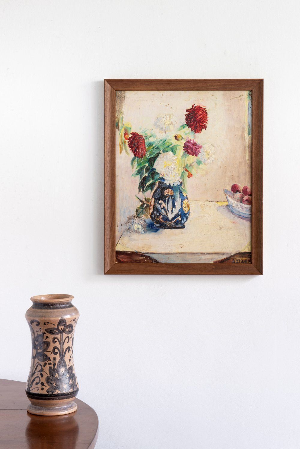 photo furniture French School, Dahlias In Blue Vase, Oil On Panel, Midcentury