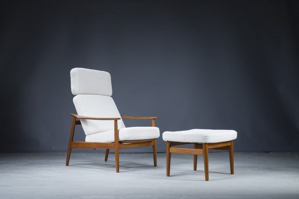 Mid Century Danish Teak & Wool Lounge Chairs & Footstools By Arne Vodder For France & Søn, 1960s, Set Of 2