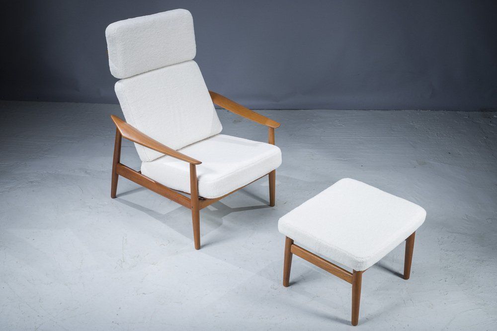 Furniture Mid Century Danish Teak & Wool Lounge Chairs & Footstools By Arne Vodder For France & Søn, 1960s, Set Of 2 photo