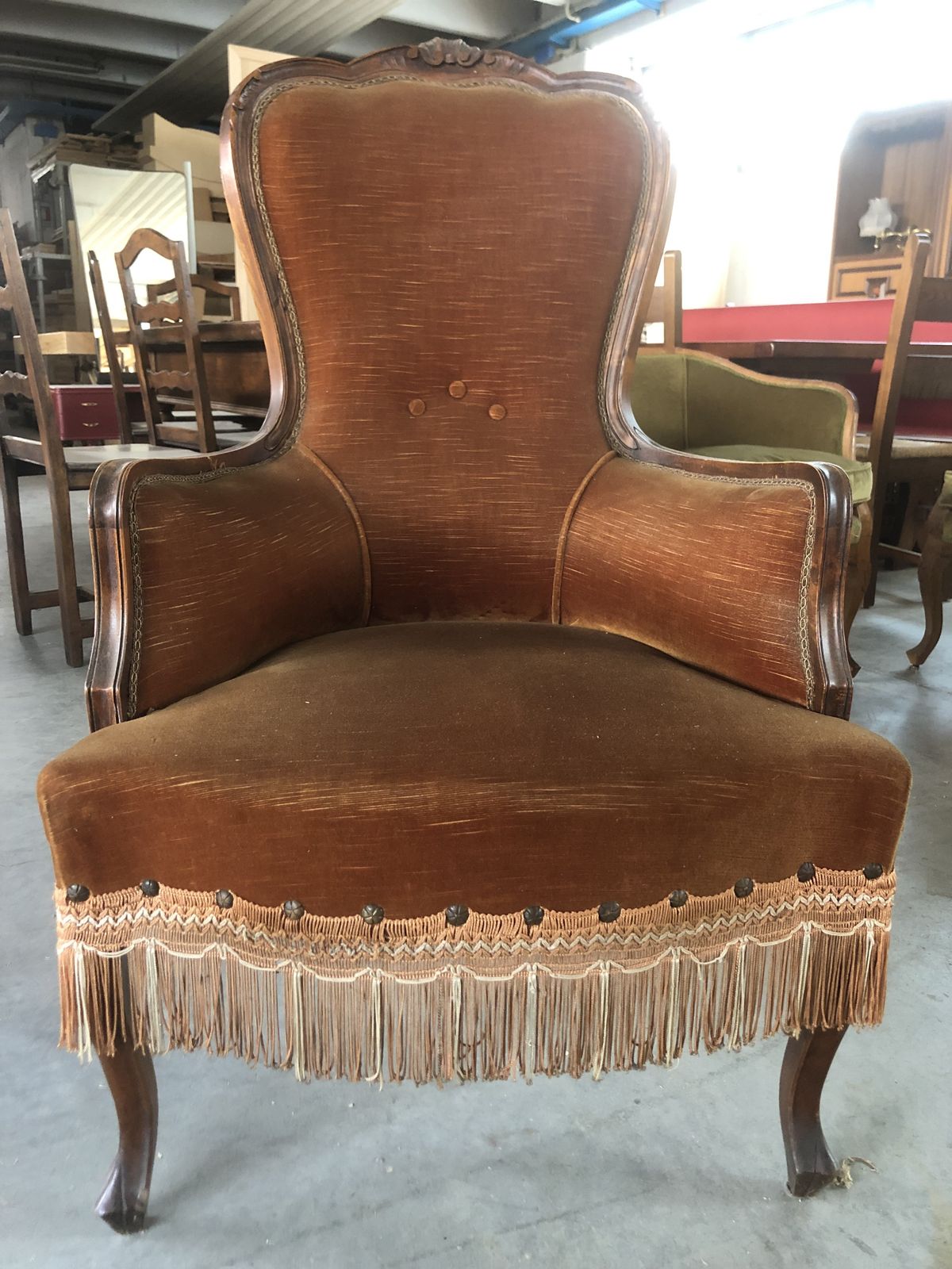 Armchair In 800 Style In Walnut Covered With  Bronze  Velvet "Dralon"