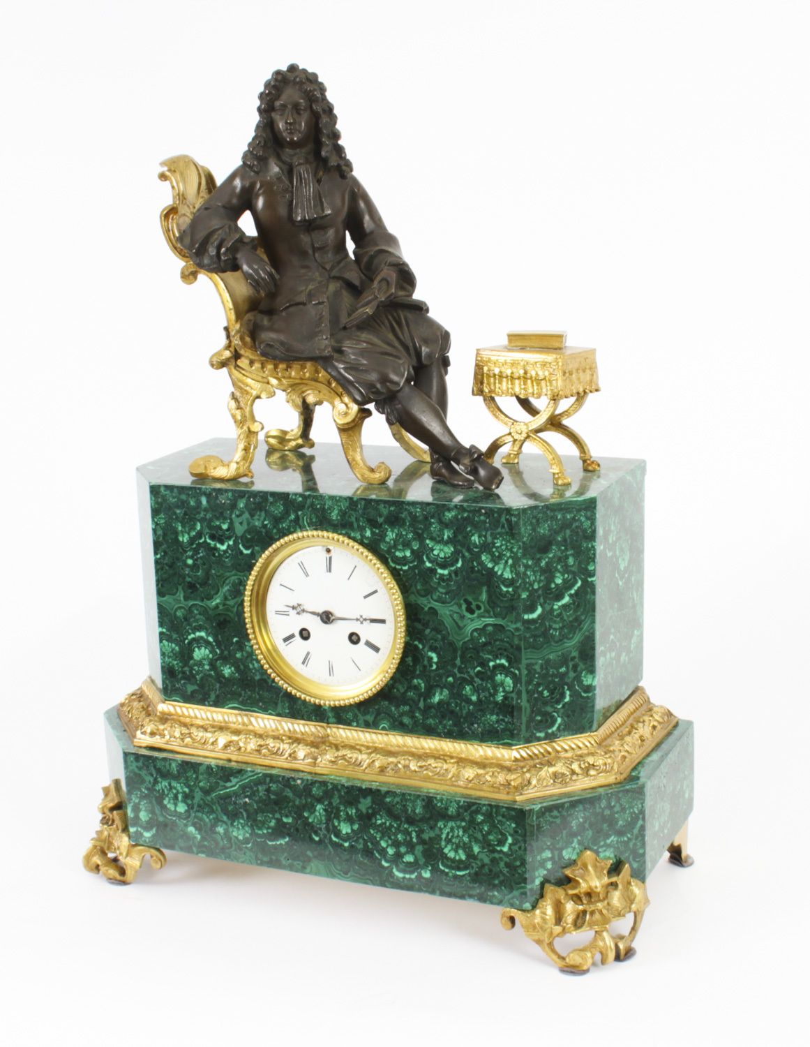Antique Malachite Ormolu & Bronze Mantel Clock Silk Suspension Movement 19th C photo furniture
