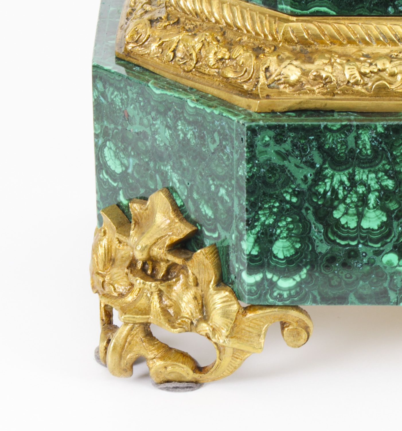 photo for sale Antique Malachite Ormolu & Bronze Mantel Clock Silk Suspension Movement 19th C