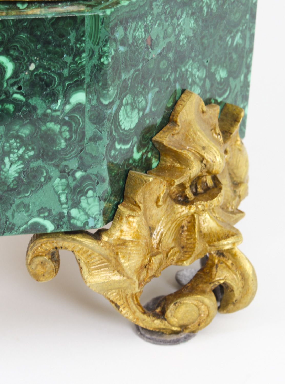 photo buy Antique Malachite Ormolu & Bronze Mantel Clock Silk Suspension Movement 19th C