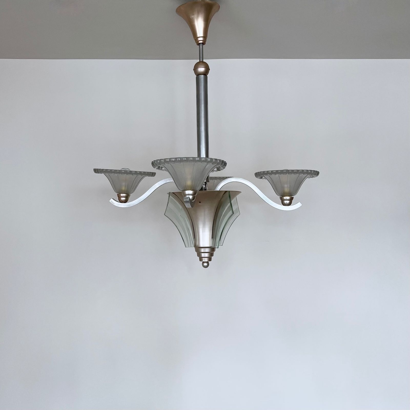 French Mid Century Chandelier With Moulded Glass Shades