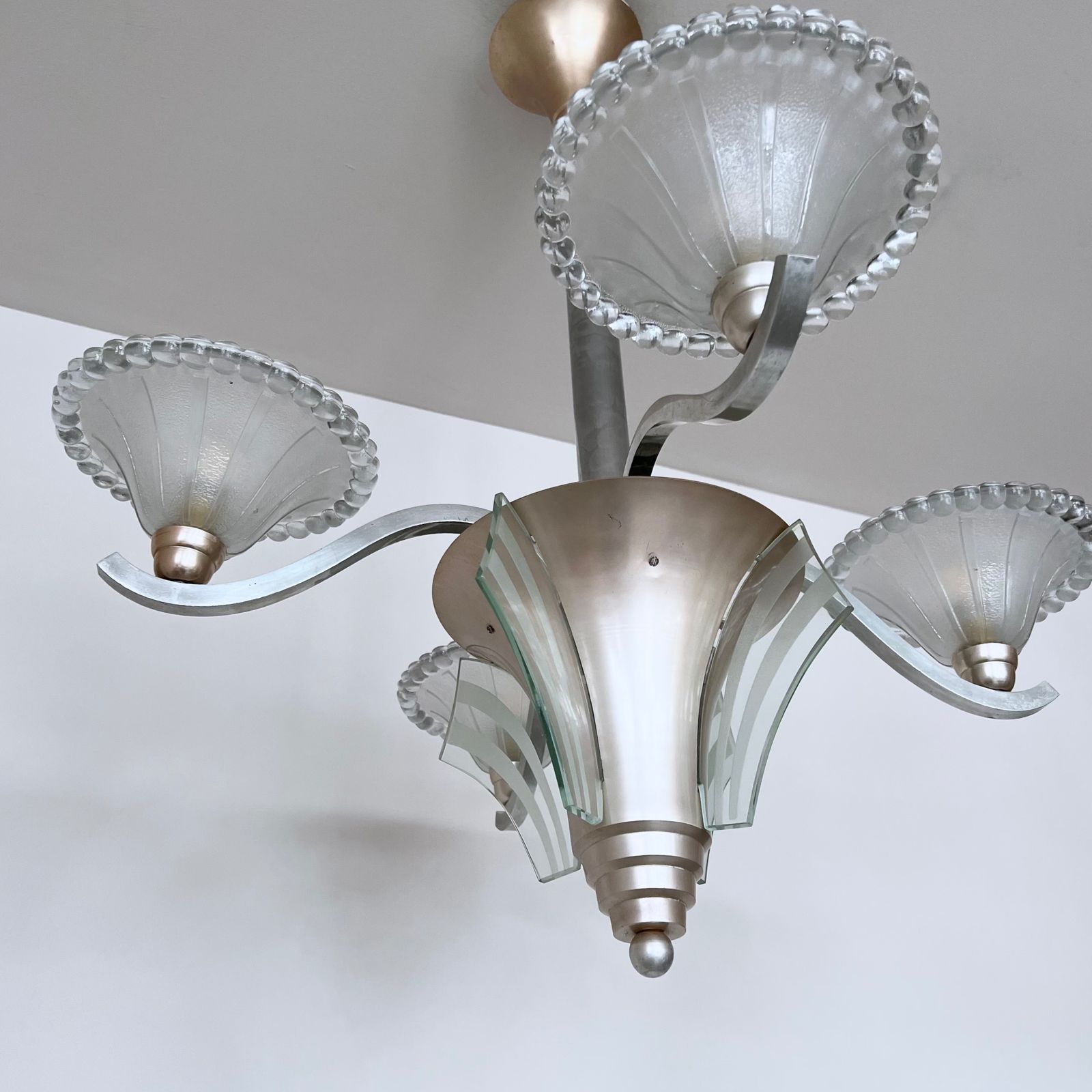 French Mid Century Chandelier With Moulded Glass Shades photo vintage