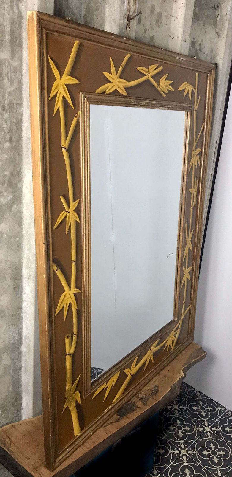 Beautiful Bamboo Antique Early 20th Century Stylish Hand Painted Large Designer Mirror photo for sale