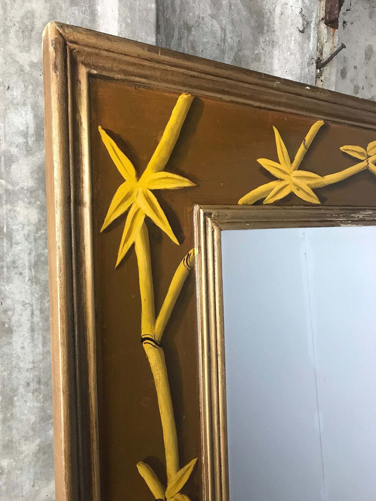 Beautiful Bamboo Antique Early 20th Century Stylish Hand Painted Large Designer Mirror photo 549.0