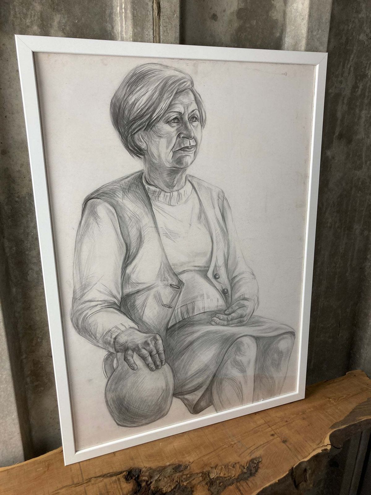 Vintage Original Pencil Drawing Picture Old Lady With Vase Eastern European