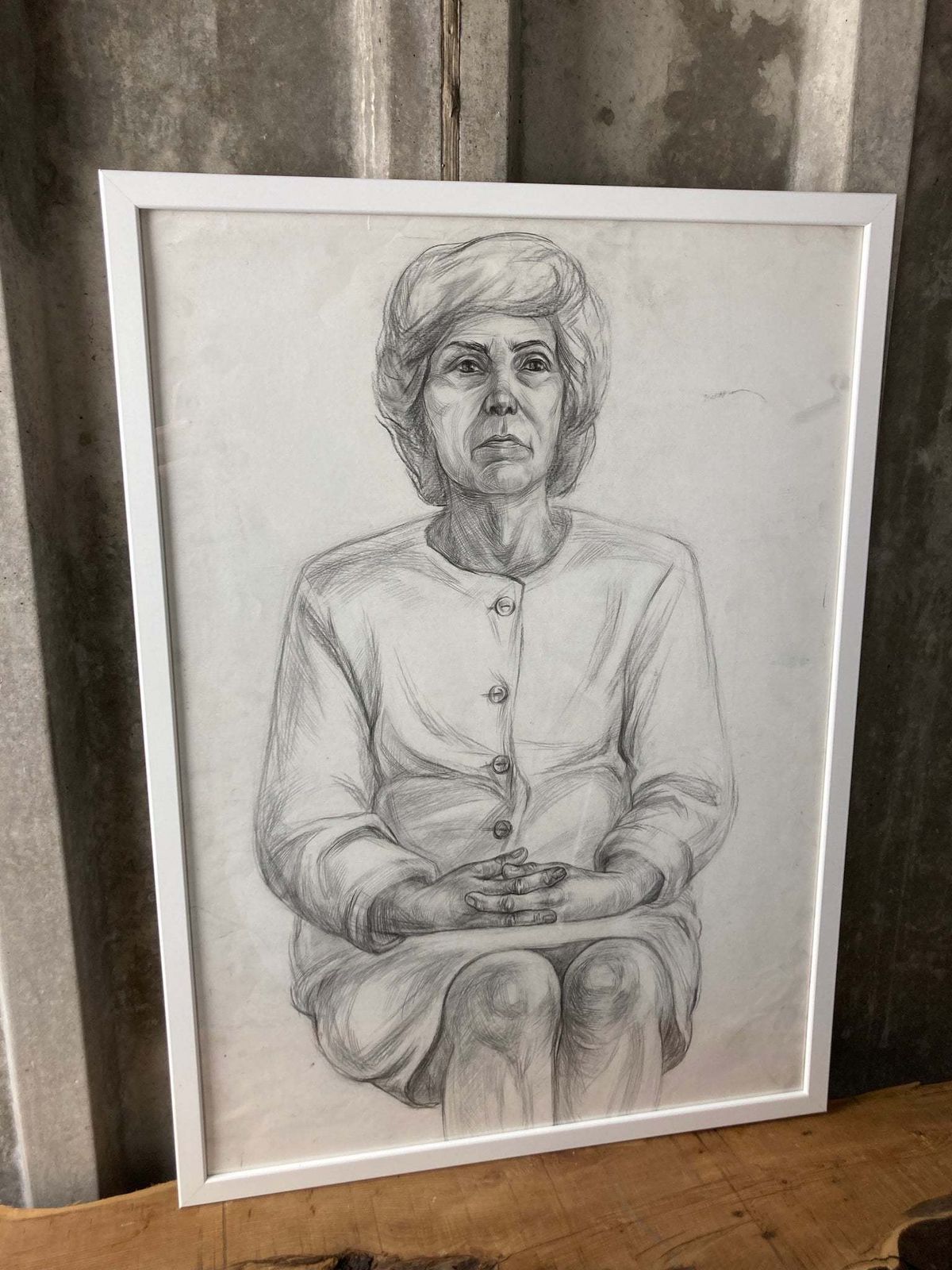 Vintage Original Pencil Drawing Picture Older Lady Cardigan Eastern European