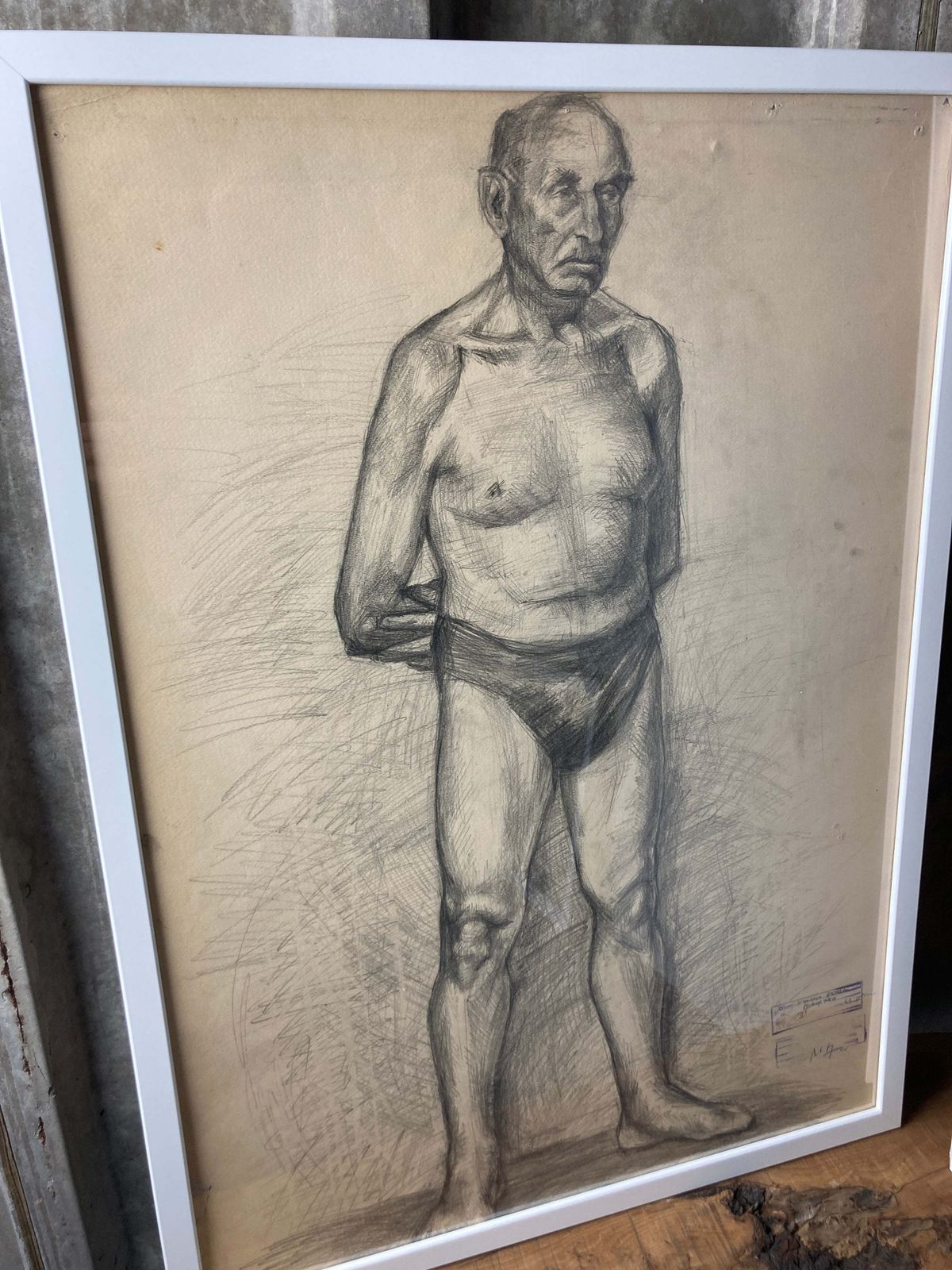 Vintage Original Pencil Drawing Picture Pair Old Man Front Back Eastern European photo for sale