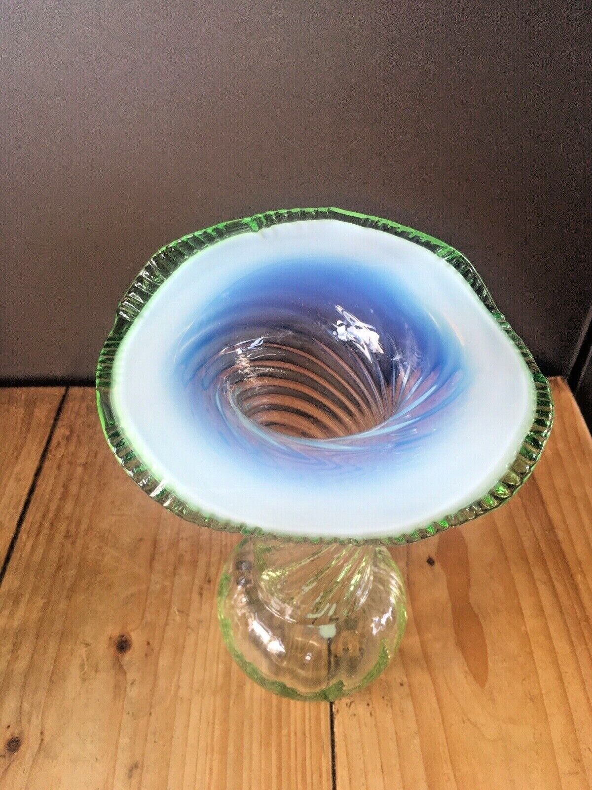 Pair Of Antique Vaseline Glass Uranium Ruffled Jack In The Pulpit Vases Harrach photo for sale