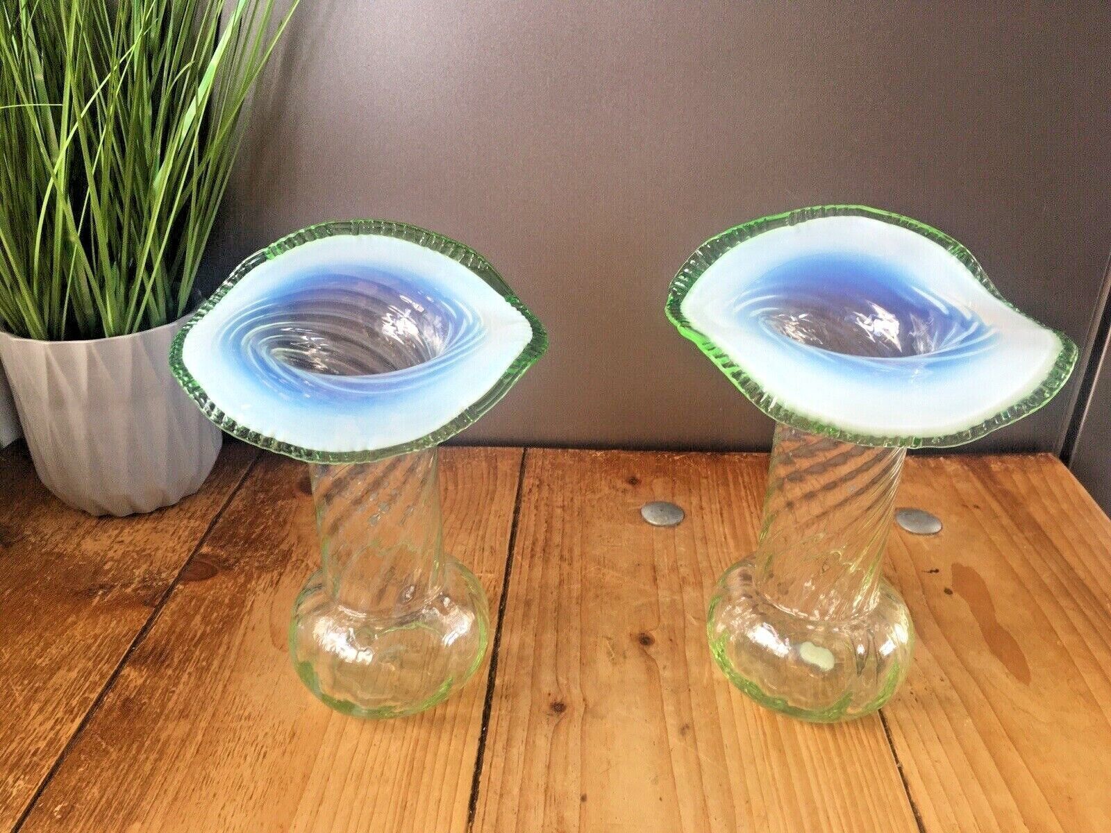 Pair Of Antique Vaseline Glass Uranium Ruffled Jack In The Pulpit Vases Harrach photo 220.0