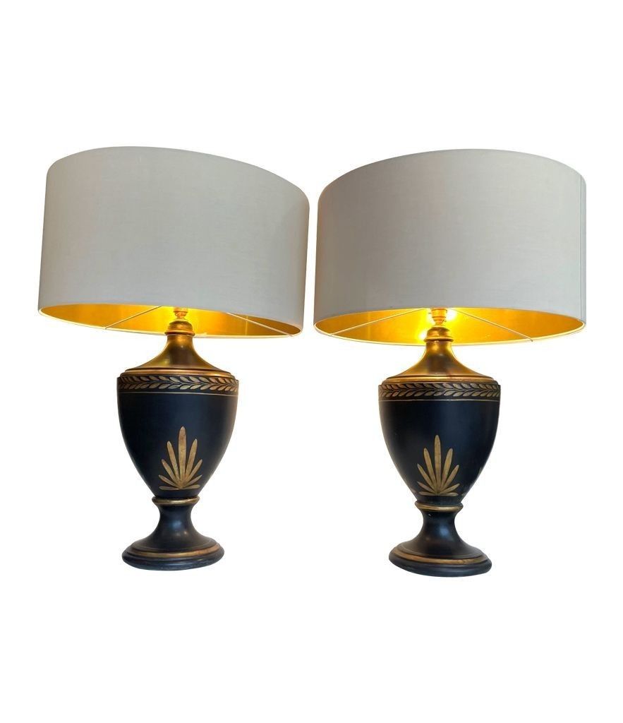 A 1970s Pair Of Large Black Ceramic Gilt Painted Lamps In A Neoclassical Style photo Lighting