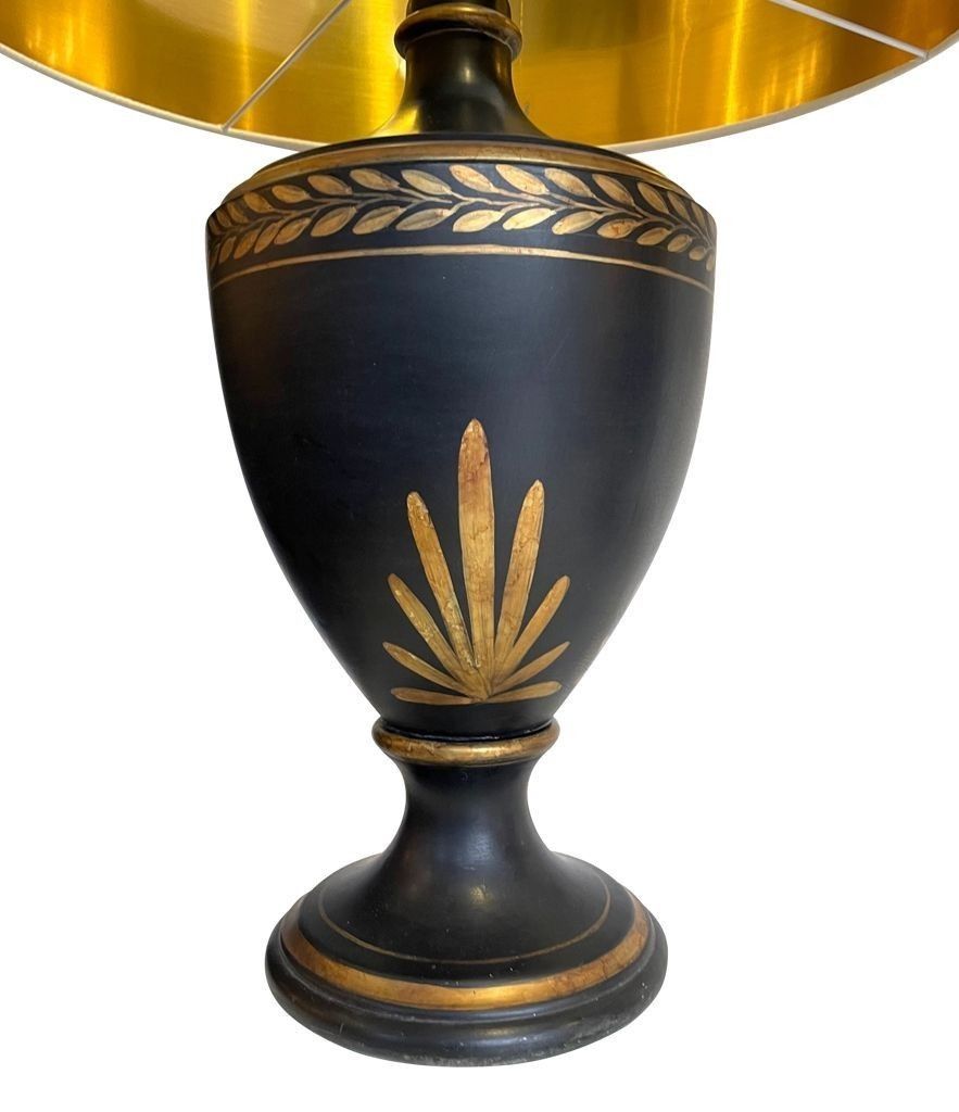 A 1970s Pair Of Large Black Ceramic Gilt Painted Lamps In A Neoclassical Style photo vintage