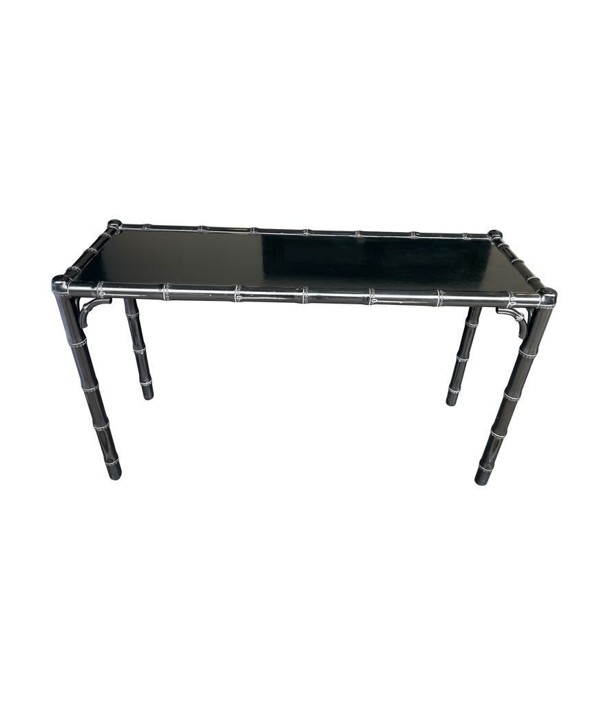 A 1970s Chinoiserie Black Lacquered Faux Bamboo Wooden Console photo furniture