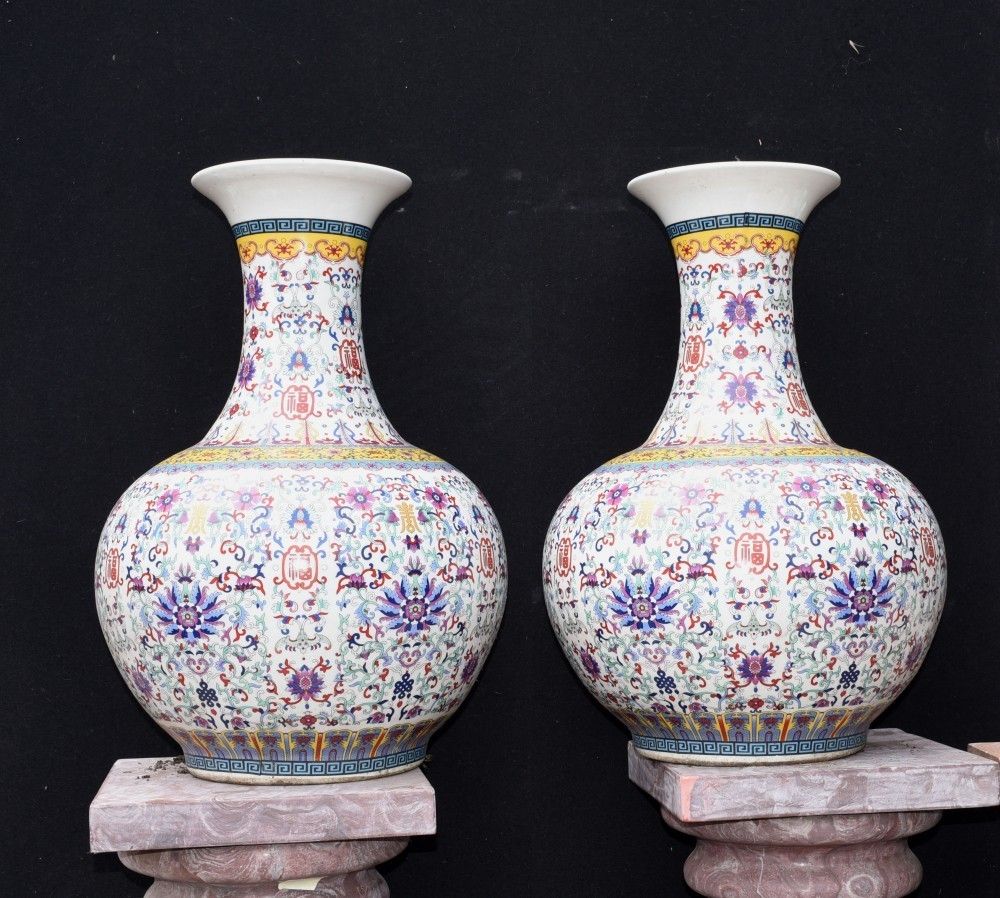 photo for sale Pair Chinese Porcleain Vases   Qianlong Urns Bulbous Shangping Form