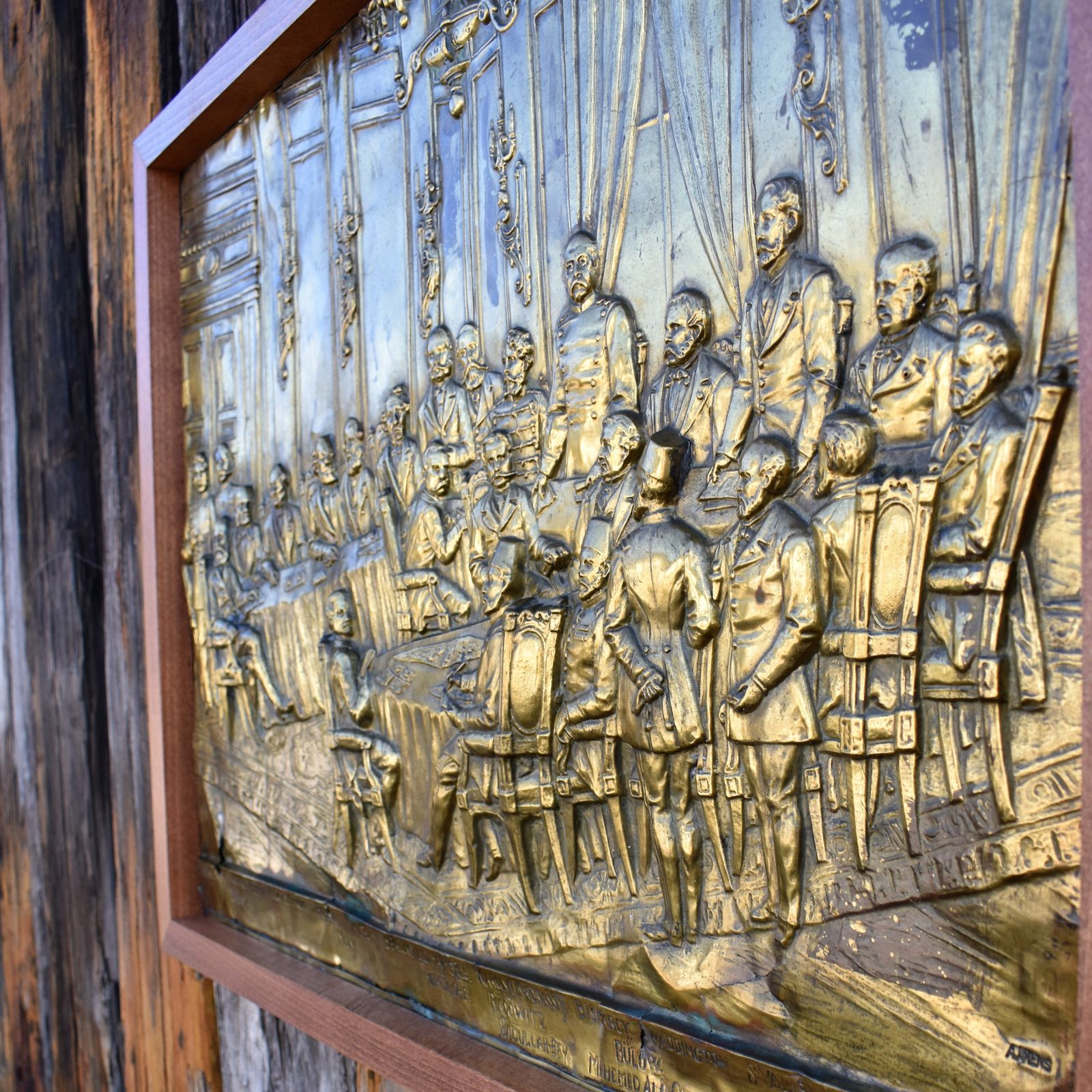 Antique 1884 Brass Repousse Plaque Art Arnold Anvers Antwerp Berlin Conference photo for sale