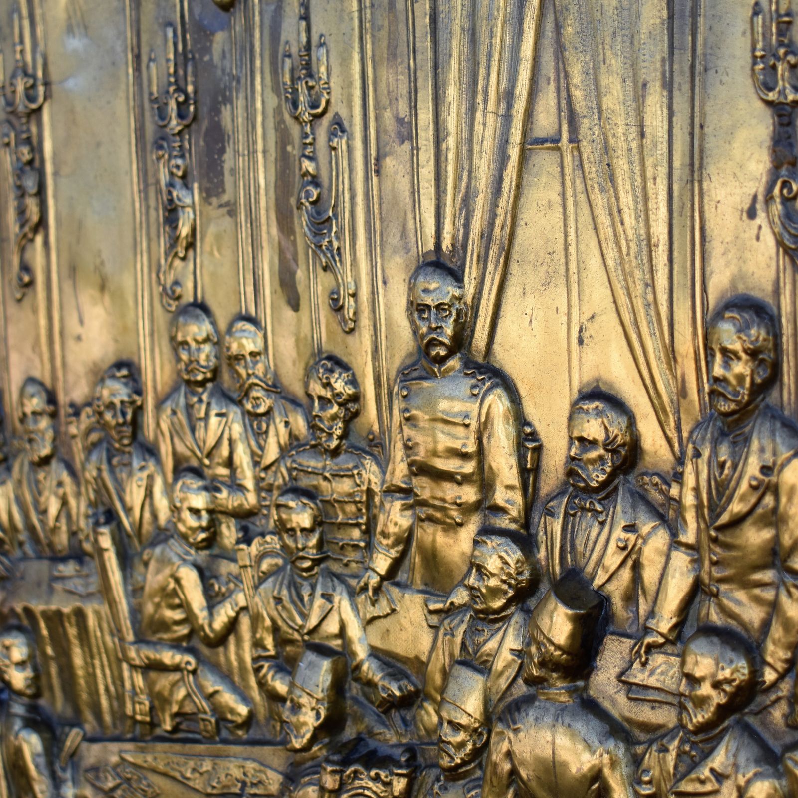 Art Antique 1884 Brass Repousse Plaque Art Arnold Anvers Antwerp Berlin Conference photo
