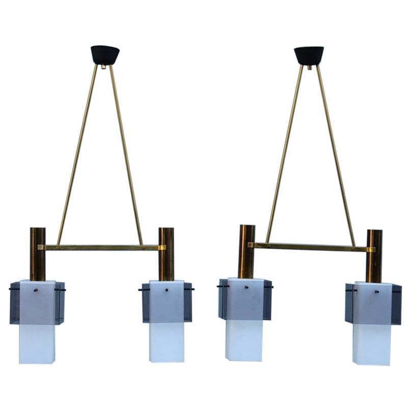 Pair Mid Century Technicians Chandelier Stilux Milano Brass Glass Plexiglass