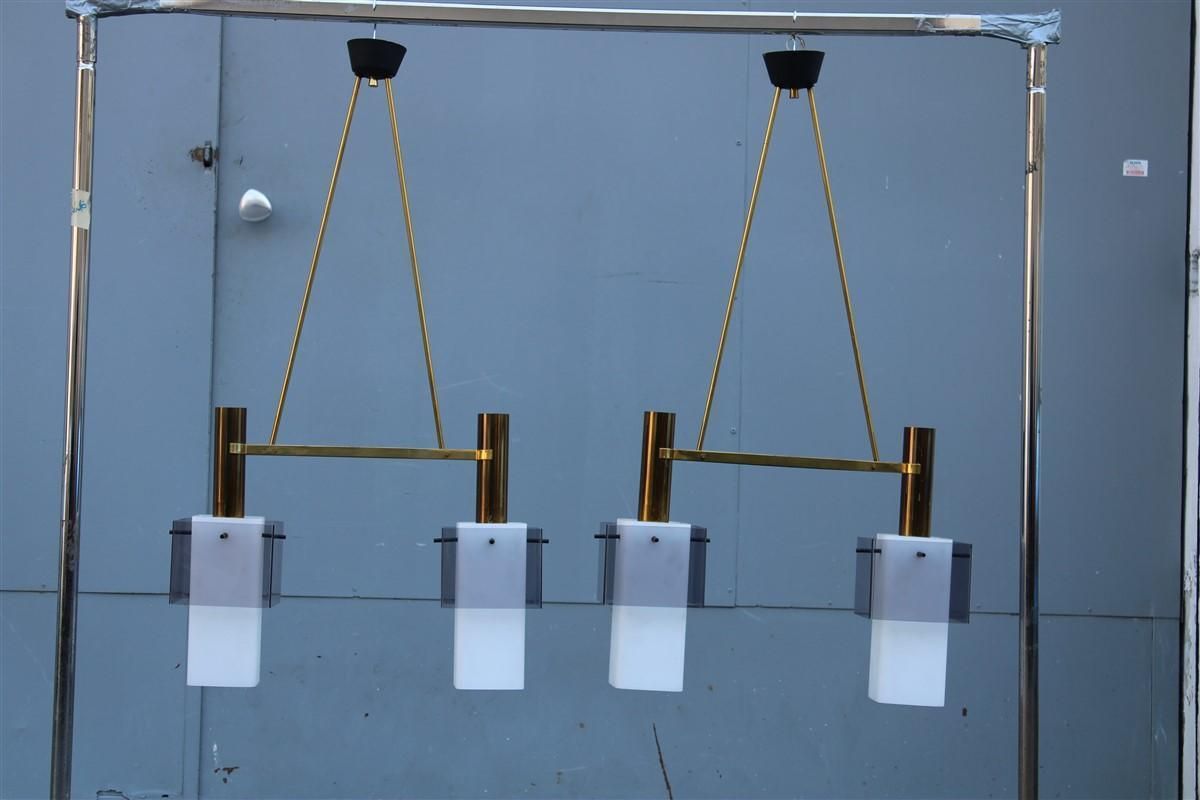 Pair Mid Century Technicians Chandelier Stilux Milano Brass Glass Plexiglass photo furniture