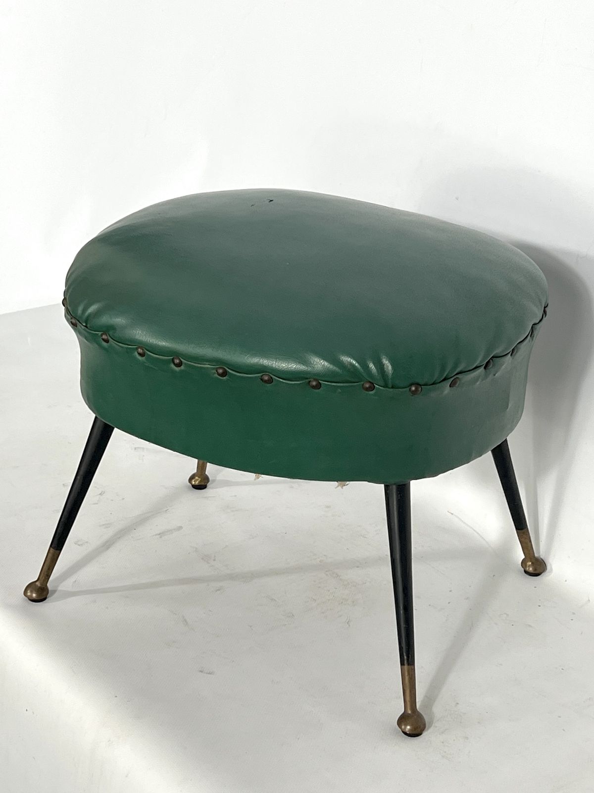 Furniture Vintage Italian Green Leatherette Pouf With Brass Feet From 50s photo