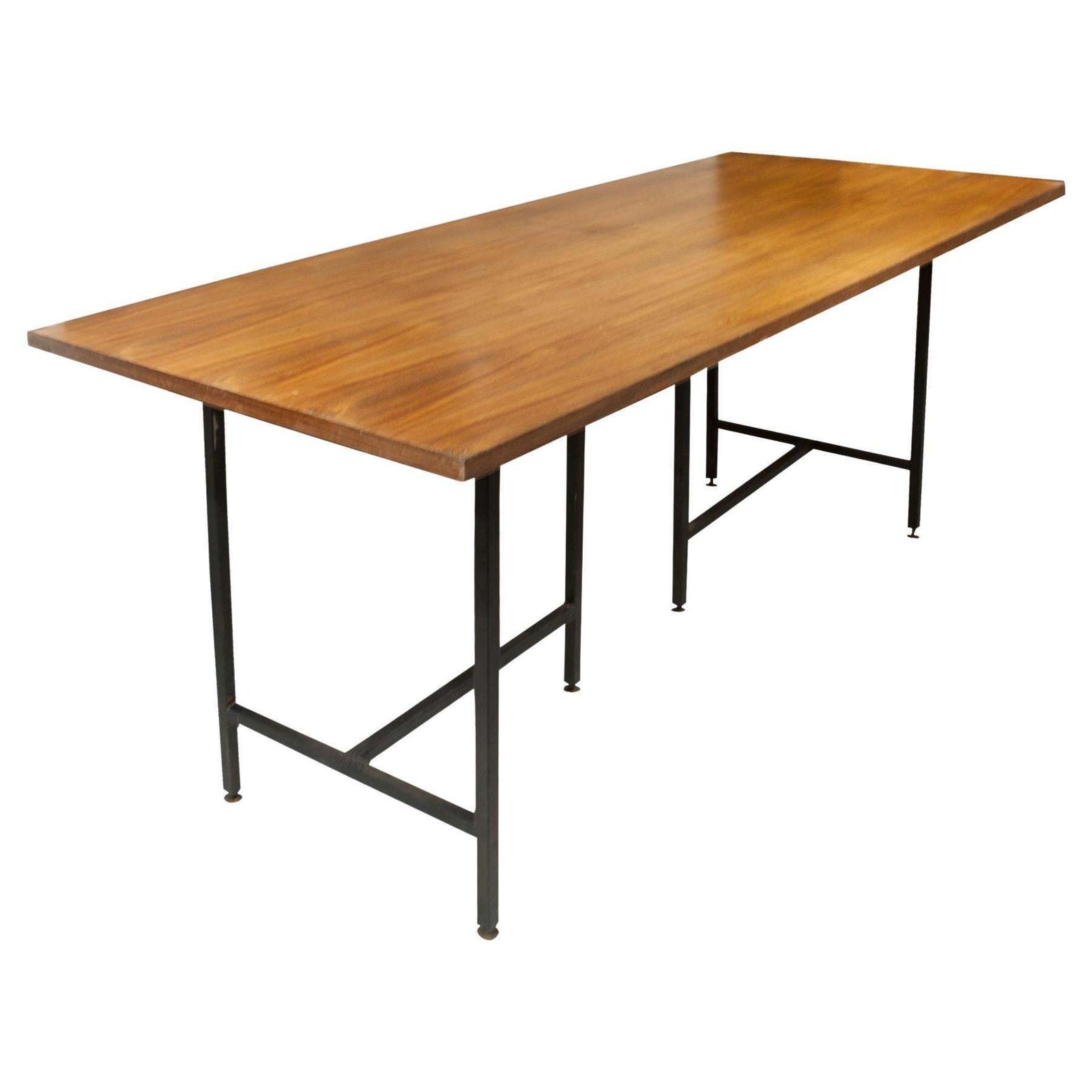 Mid Century Modern Teak Wooden Desk With Black Lacquered Iron Base, Italy, 1950