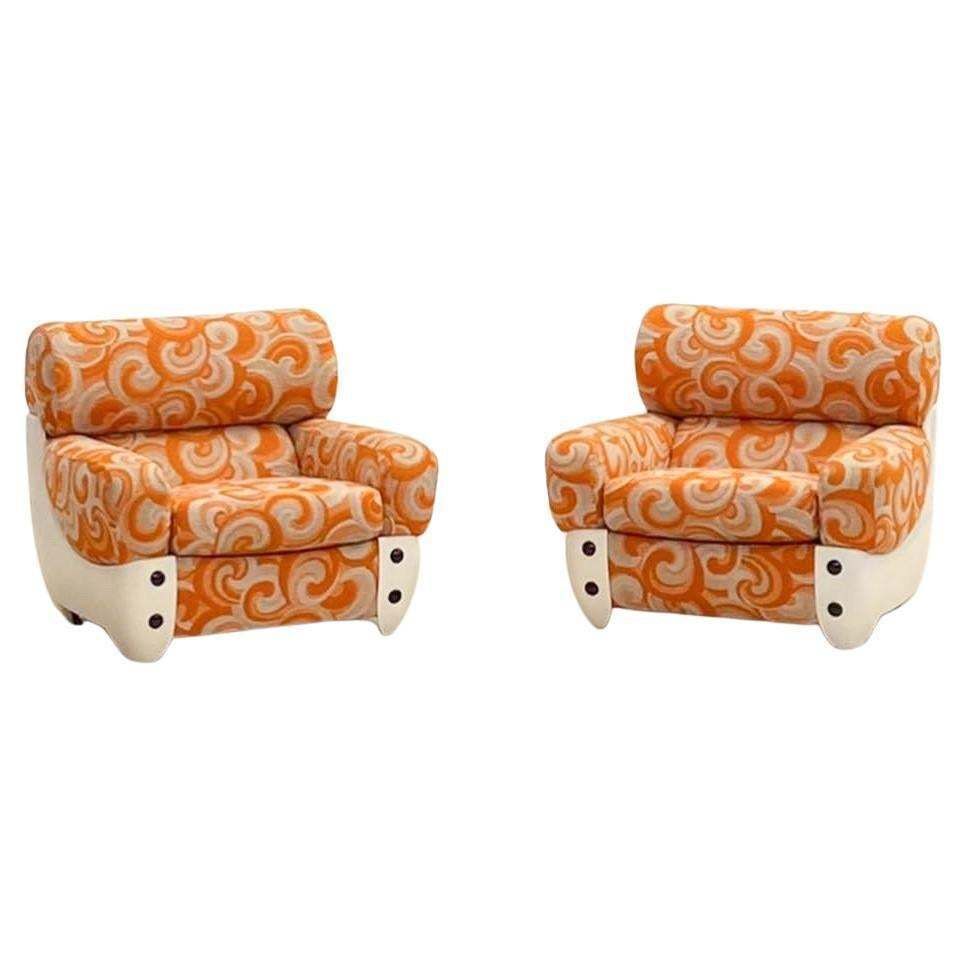 Mid Century Modern Pair Of Orange Armchairs, Italy, 1970s   Original Upholstery